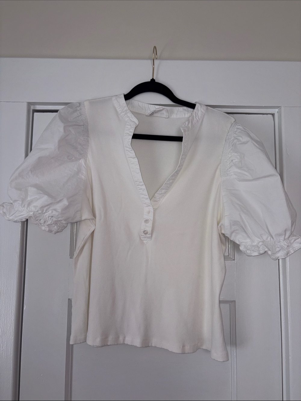 Pomander Place White Puff-Sleeve Henley Blouse